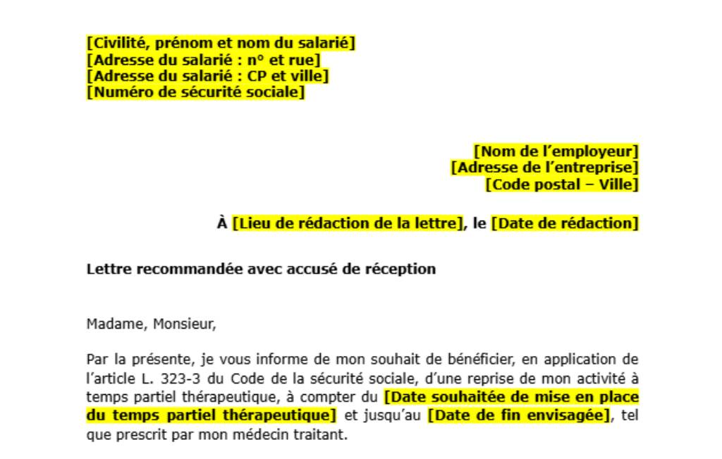 Modèle de lettre de demande de mi-temps thérapeutique