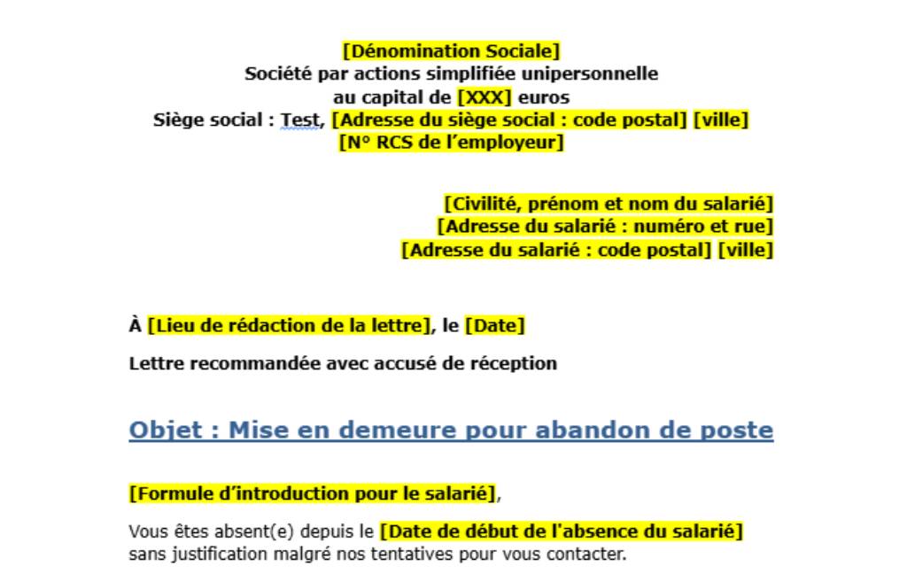 Modèle de lettre de mise en demeure pour abandon de poste