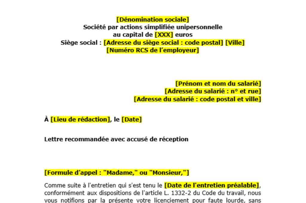 Modèle de lettre de notification de licenciement pour faute lourde