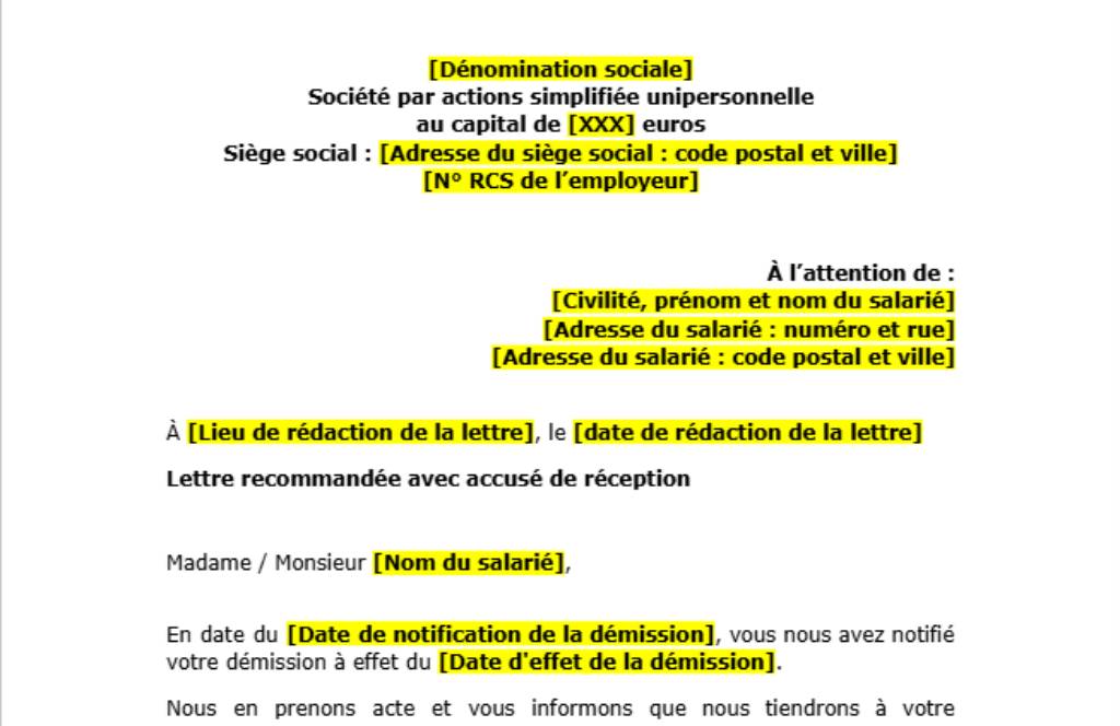 Modèle de réponse de l’employeur à un salarié démissionnaire