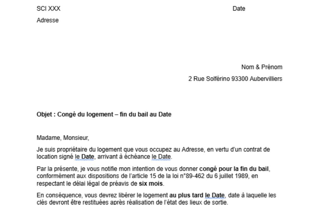 Modèle document congé locataire