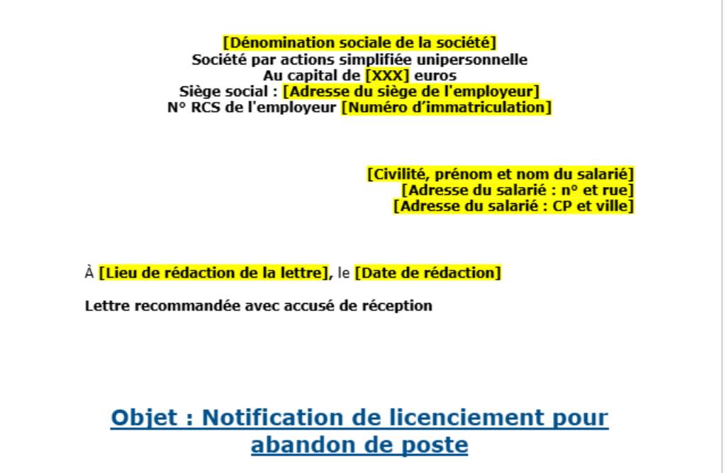 Modèle licenciement pour abandon de poste