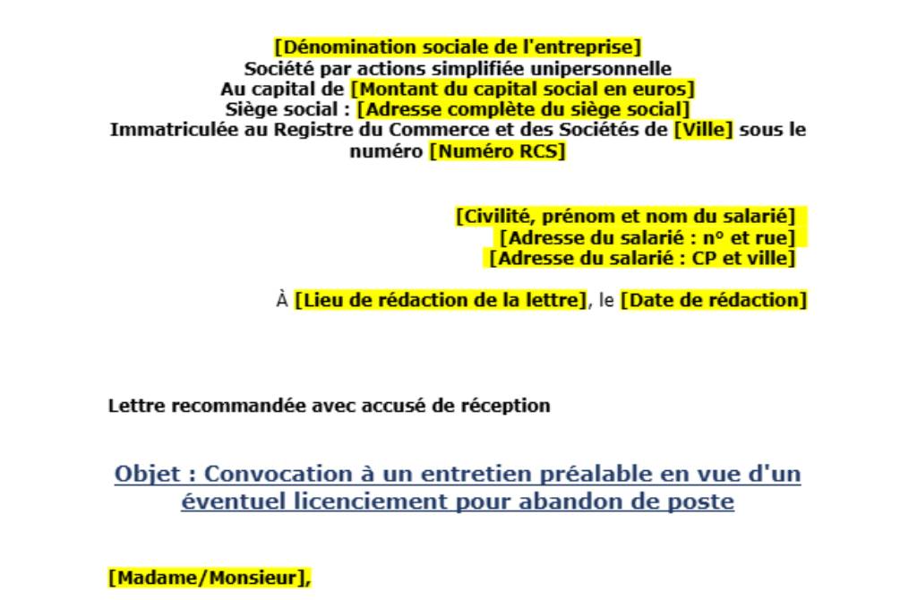 lettre convocation entretien préalable licenciement pour abandon de poste