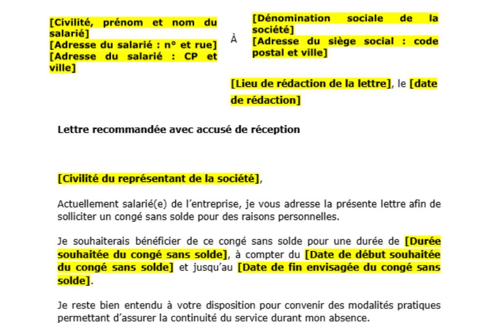 lettre de demande de congé sans solde