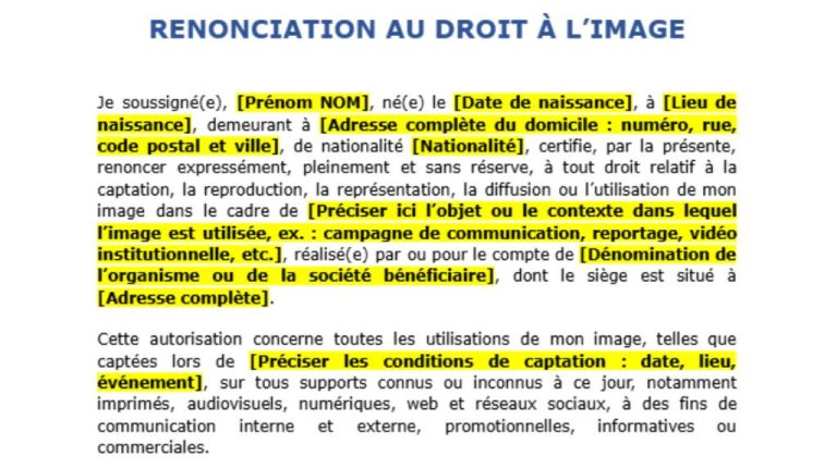 Modele de renonciation au droit d'image
