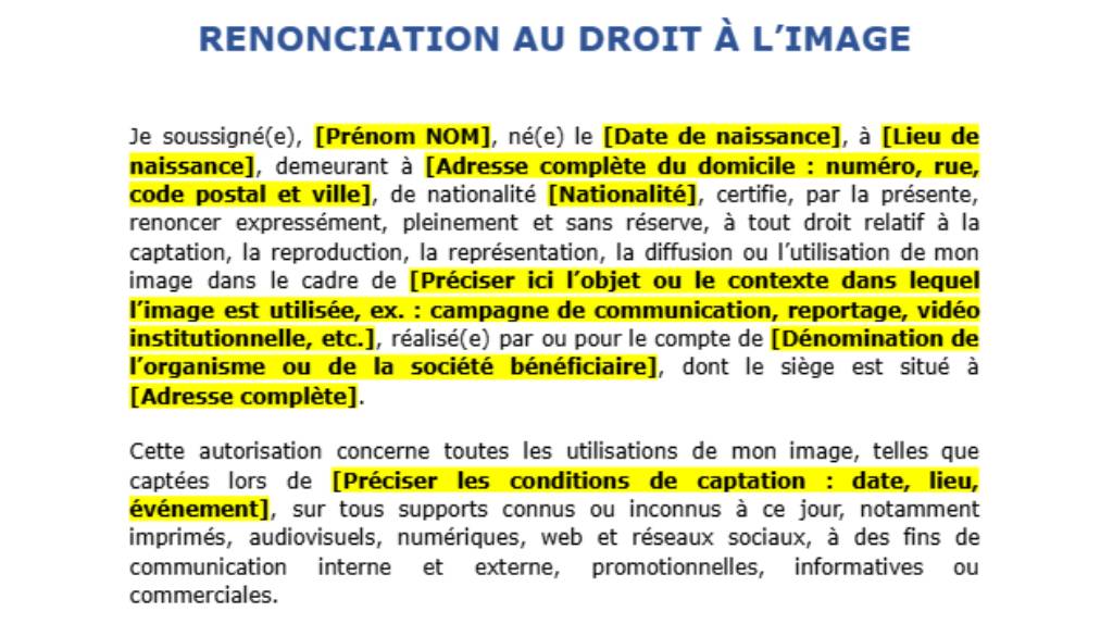 Modele de renonciation au droit d'image