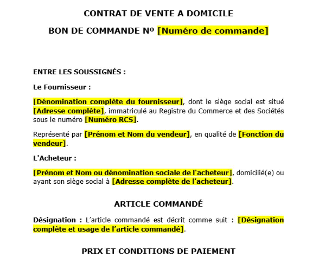 contrat de vente à domicile