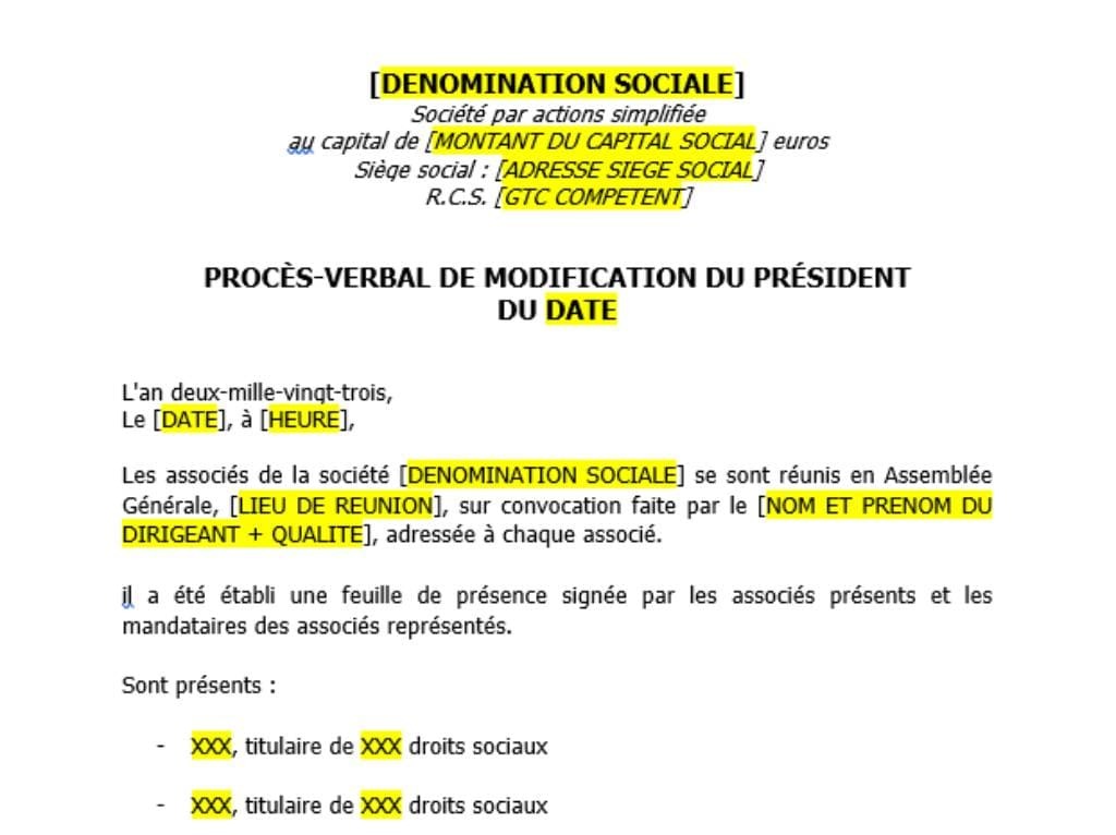modèle de PV changement président sas