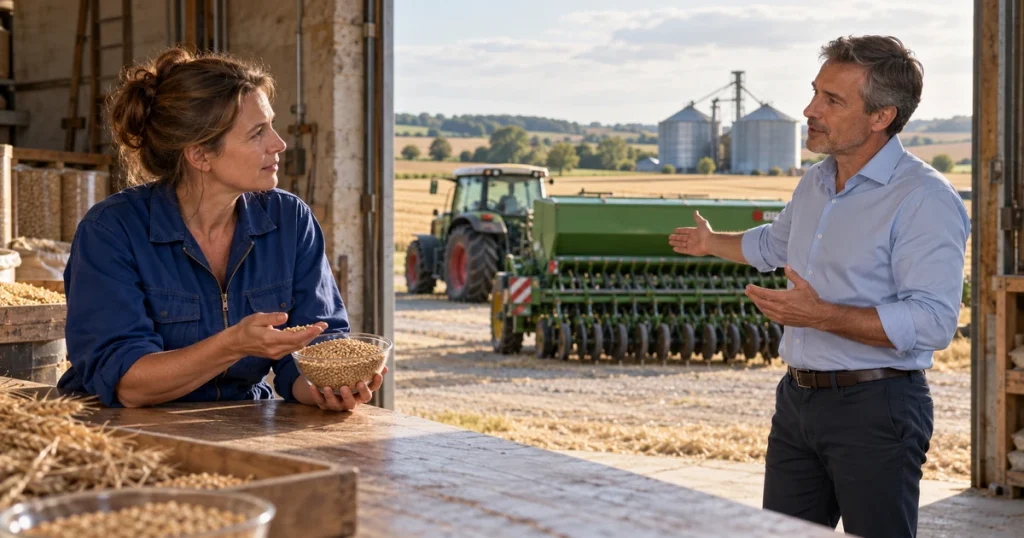 Échange entre une exploitante et un cabinet de conseil agricole sur l’investissement en matériel.