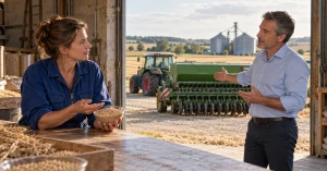 Échange entre une exploitante et un cabinet de conseil agricole sur l’investissement en matériel.